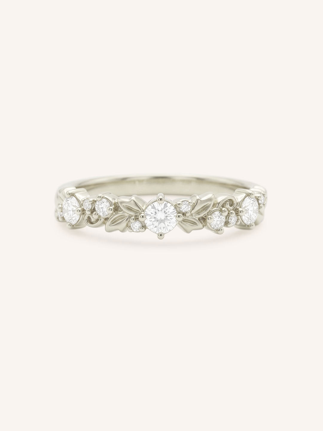White gold Kyrie flower diamond anniversary band front view on white background