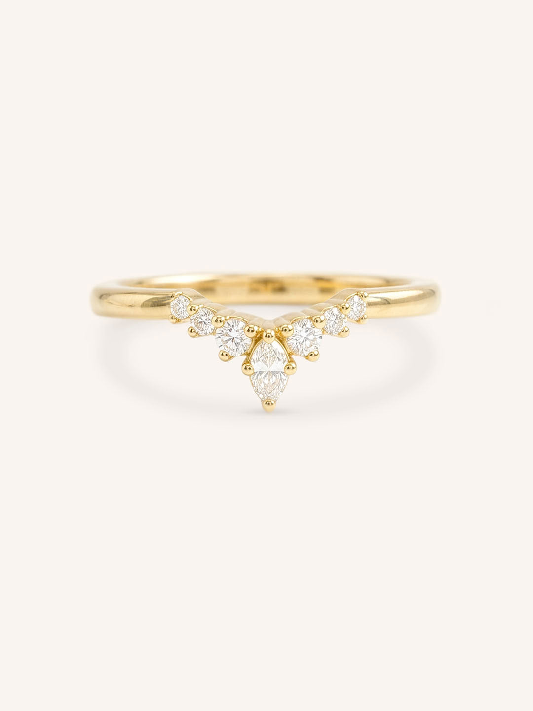 Yellow gold Kessel curved diamond wedding band front view on white background