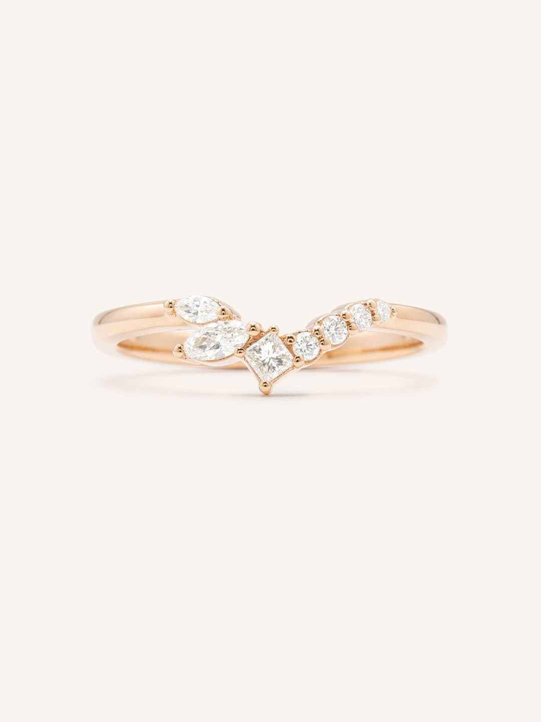 Rose Gold Aspera Mixed Shape Diamond Curved Ring front view on white background
