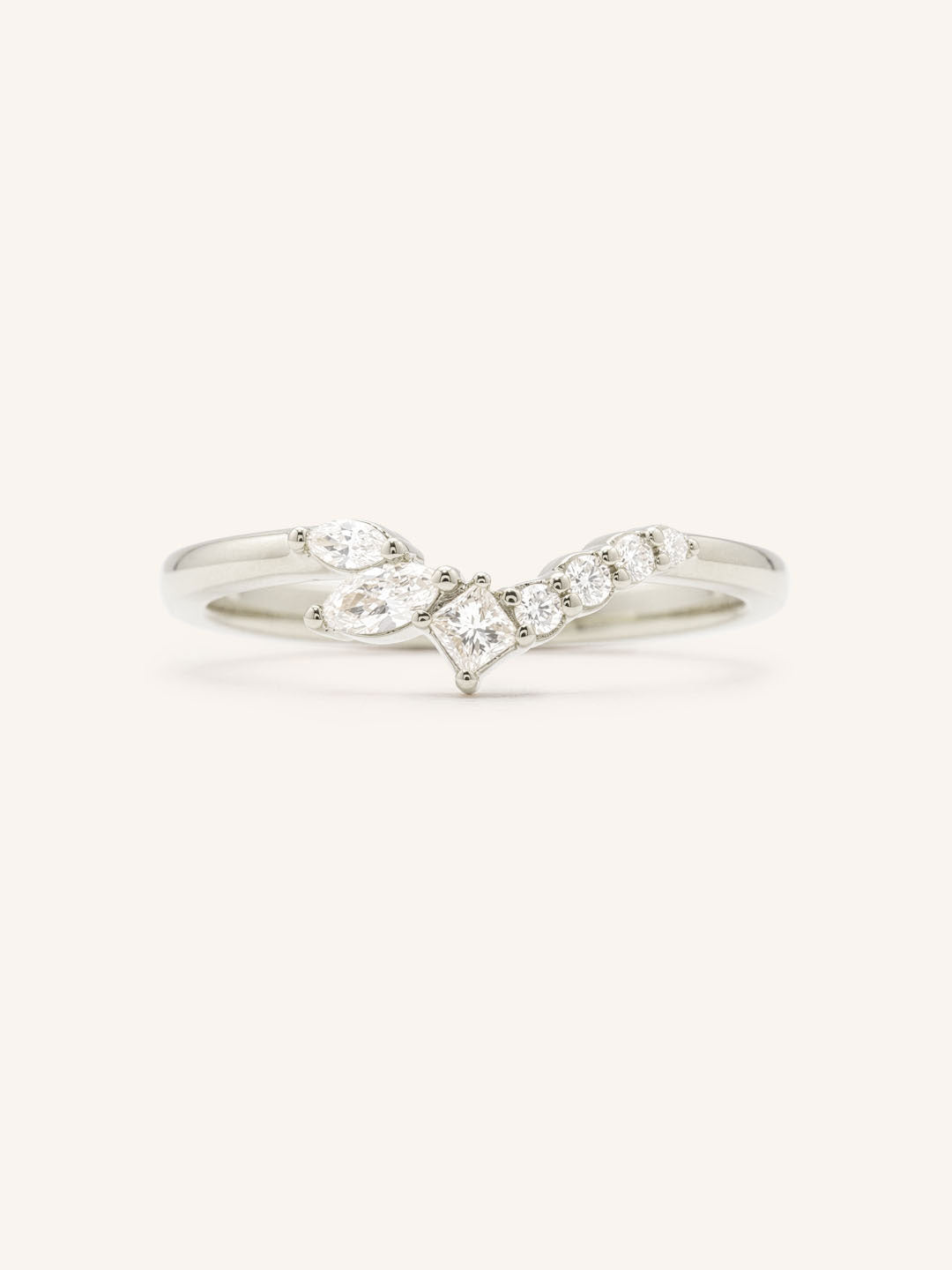 White Gold Aspera Mixed Shape Diamond Curved Ring front view on white background