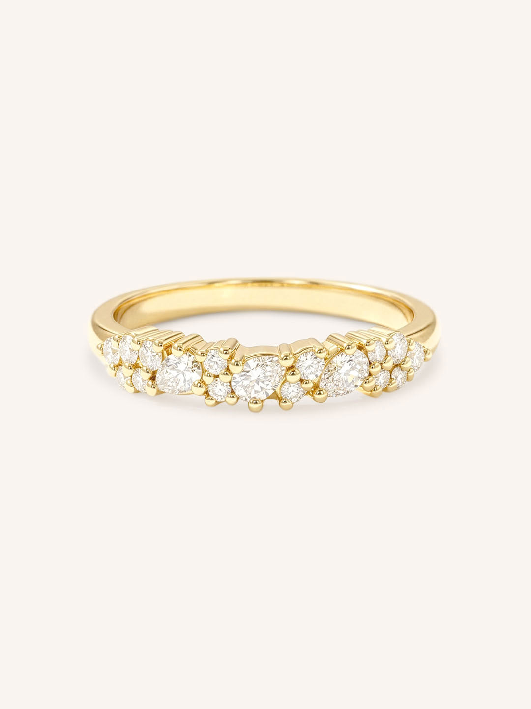 Yellow gold Junya diamond anniversary band front view on white background