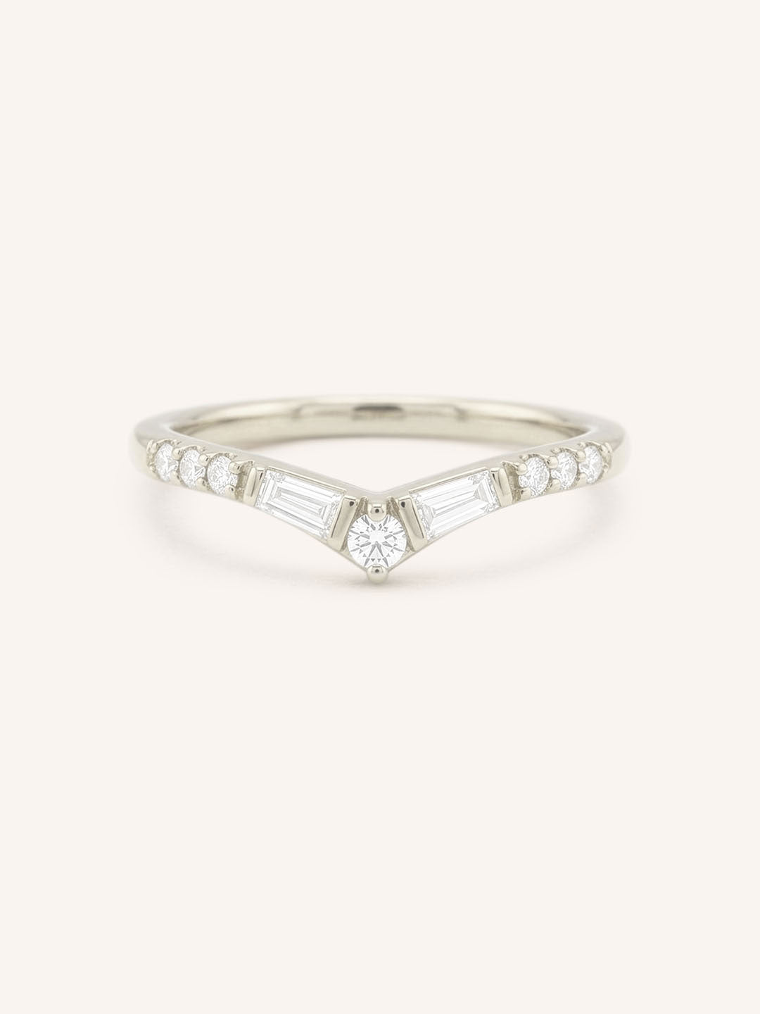 White gold Miluse curved diamond wedding band front view on white background