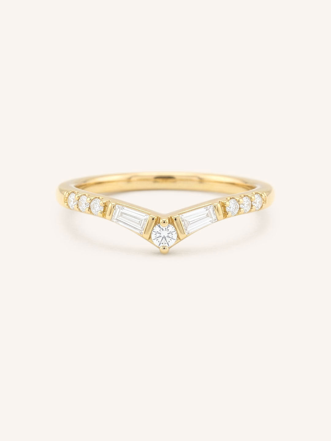 Yellow gold Miluse curved diamond wedding band front view on white background