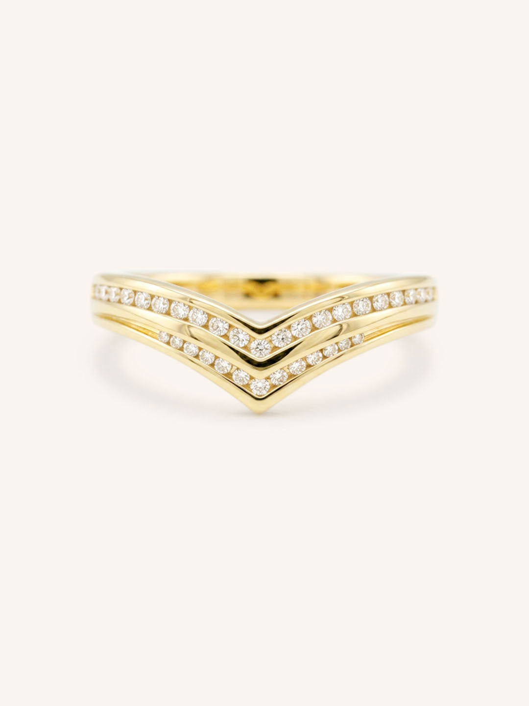 Yellow gold Zamora diamond double row curved anniversary band front view on white background