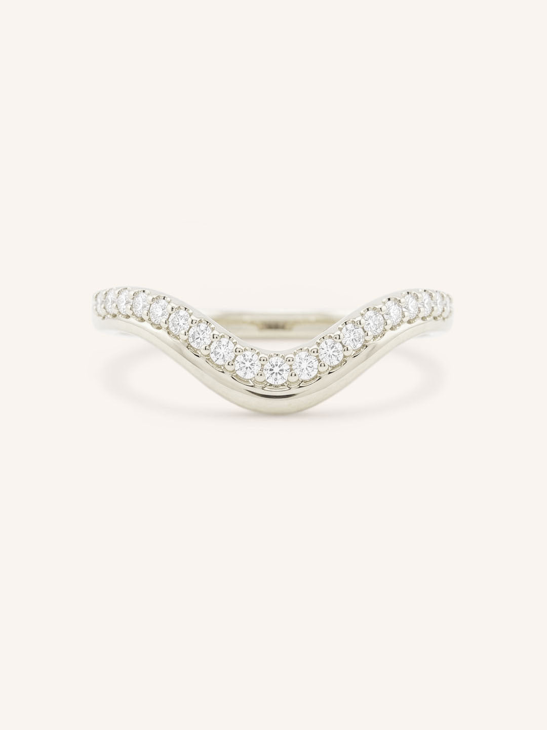 White gold Nicolasa curved diamond wedding band front view on white background