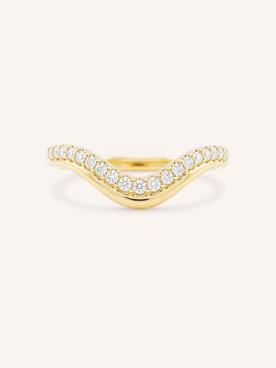 Yellow gold Nicolasa curved diamond wedding band front view on white background
