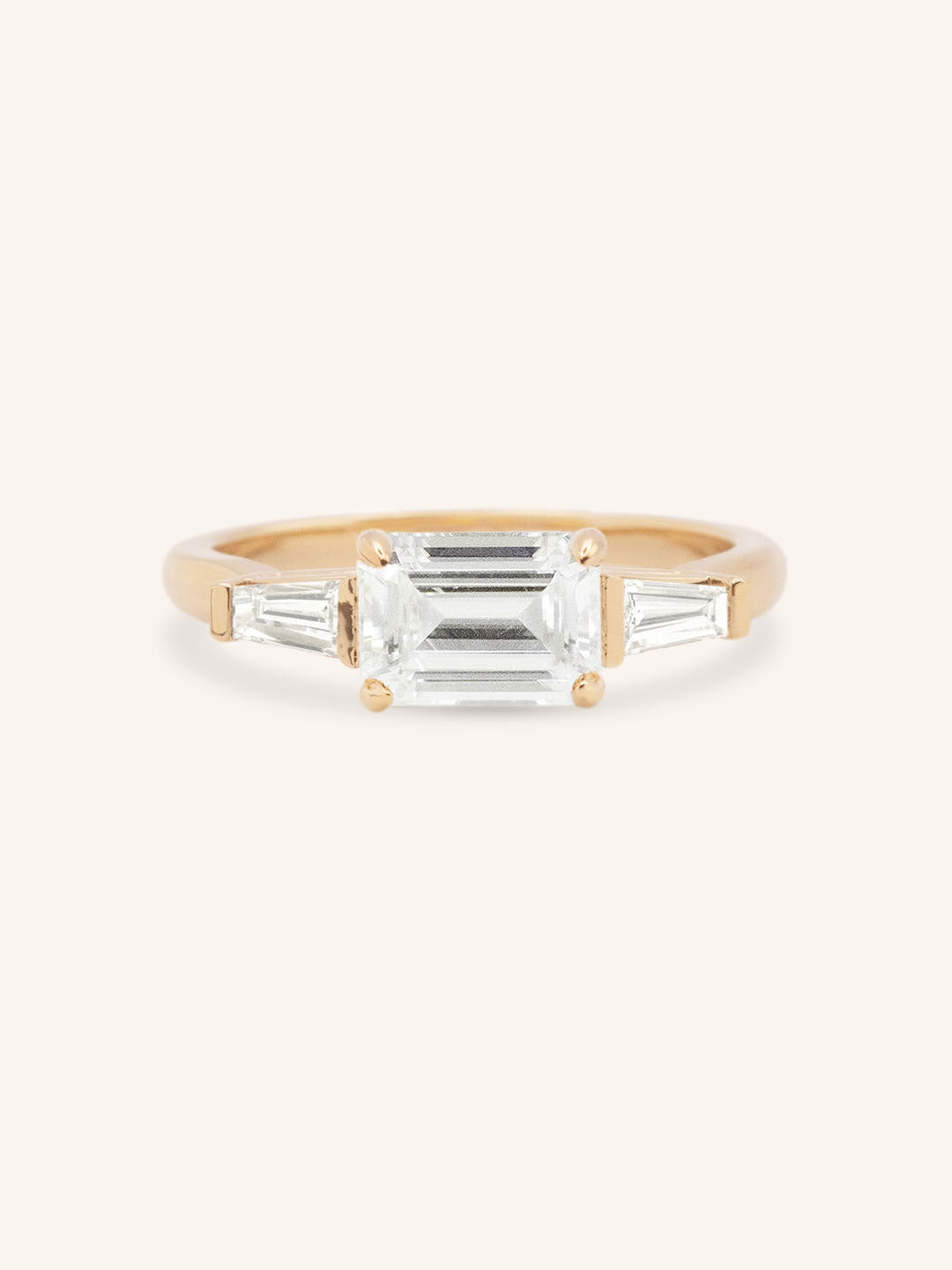 Three Stone Emerald Cut Diamond East-West Engagement Ring