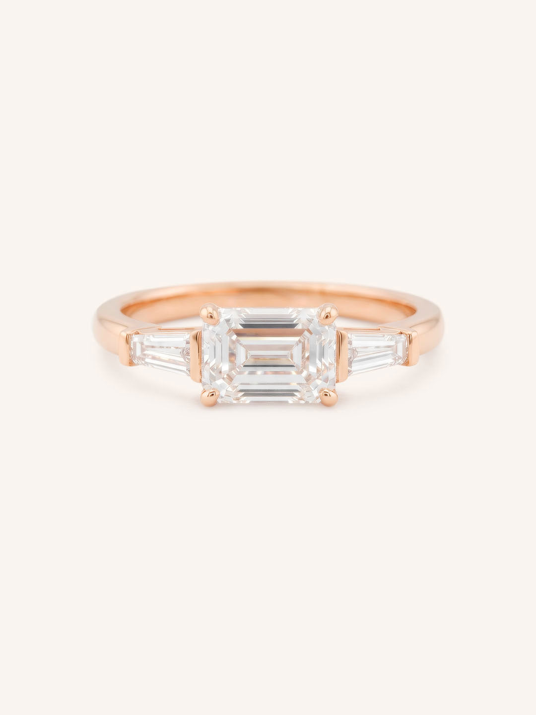 Three Stone Emerald Cut Diamond East-West Engagement Ring