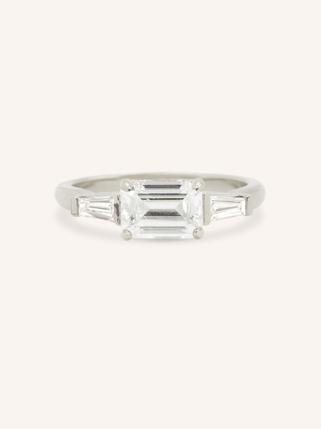 Three Stone Emerald Cut Diamond East-West Engagement Ring