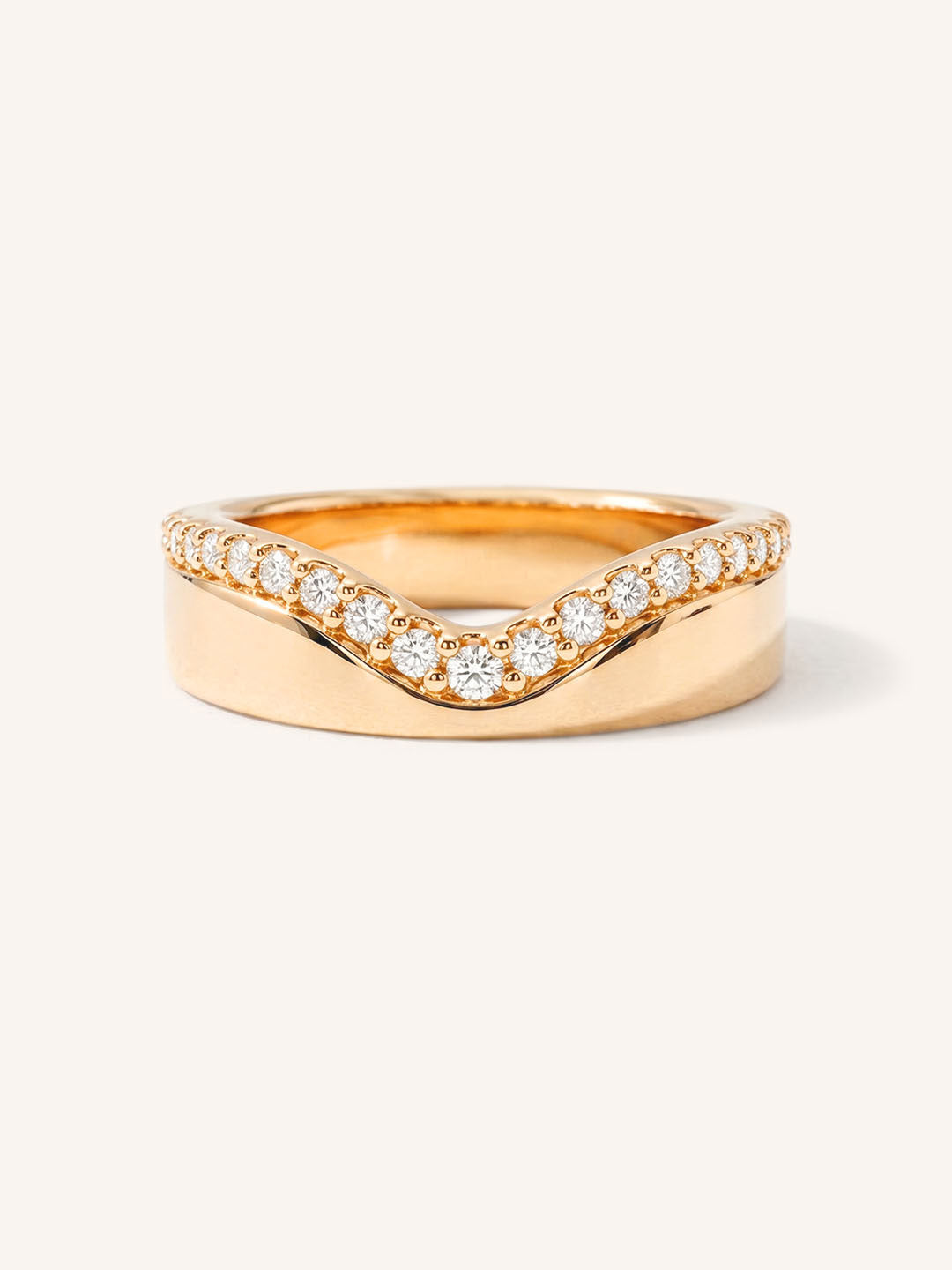 Rose gold Margue curved diamond ring front view on white background