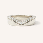 White gold curved diamond ring front view on white background