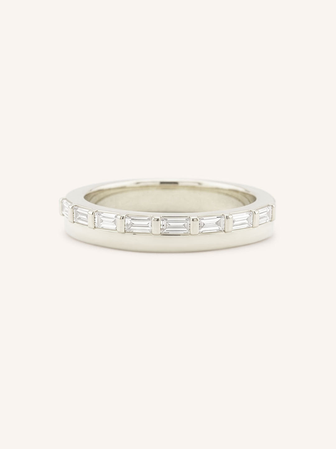 White gold Eleanor off-set diamond anniversary band front view on white background