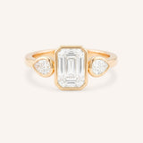 Jessie Emerald Cut and Pear Diamond Bezel Three Stone Engagement Ring