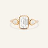 Jessie Emerald Cut and Pear Diamond Bezel Three Stone Engagement Ring