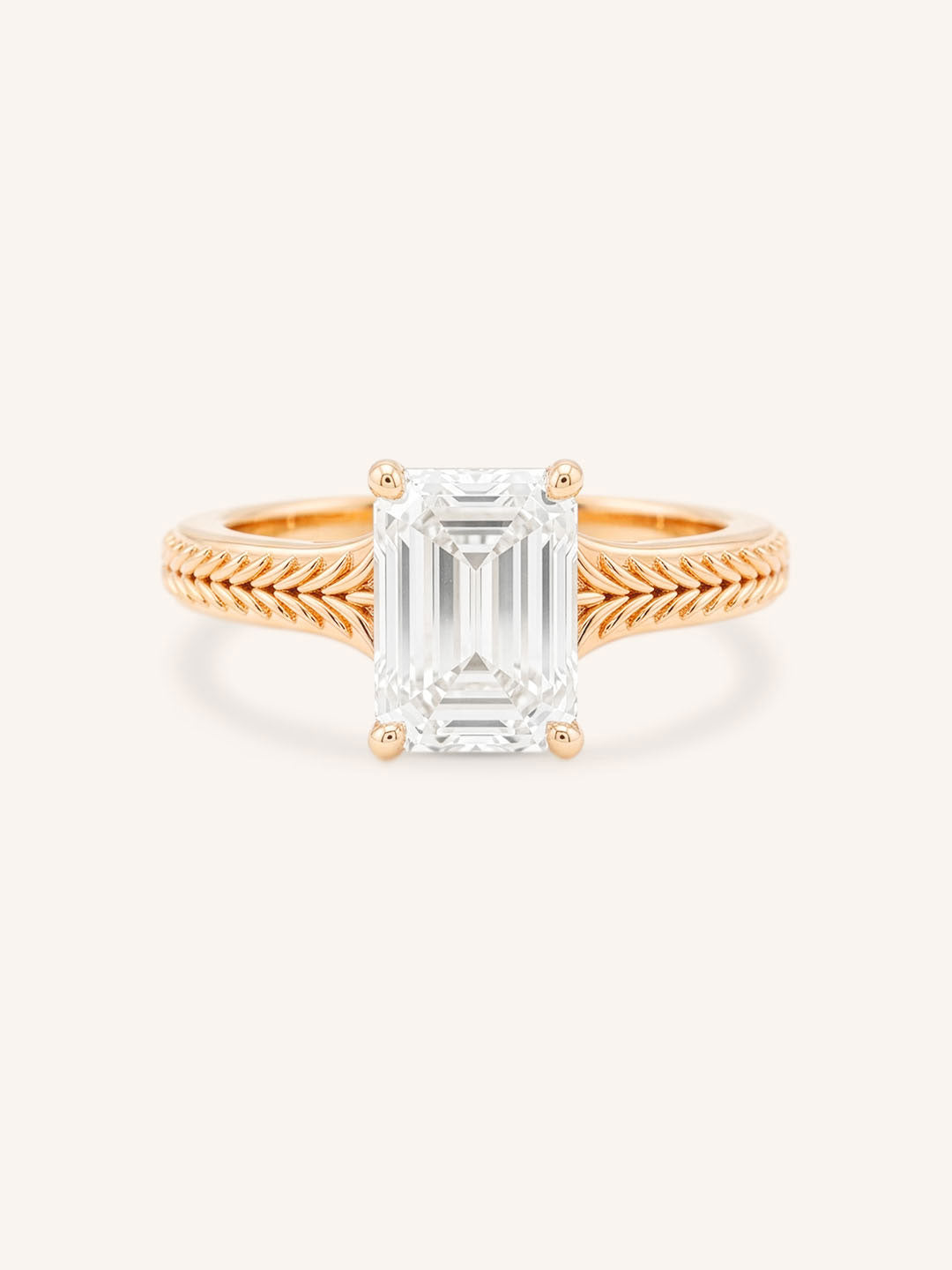 Rose gold Whera emerald cut diamond solitaire engagement ring front view on white background