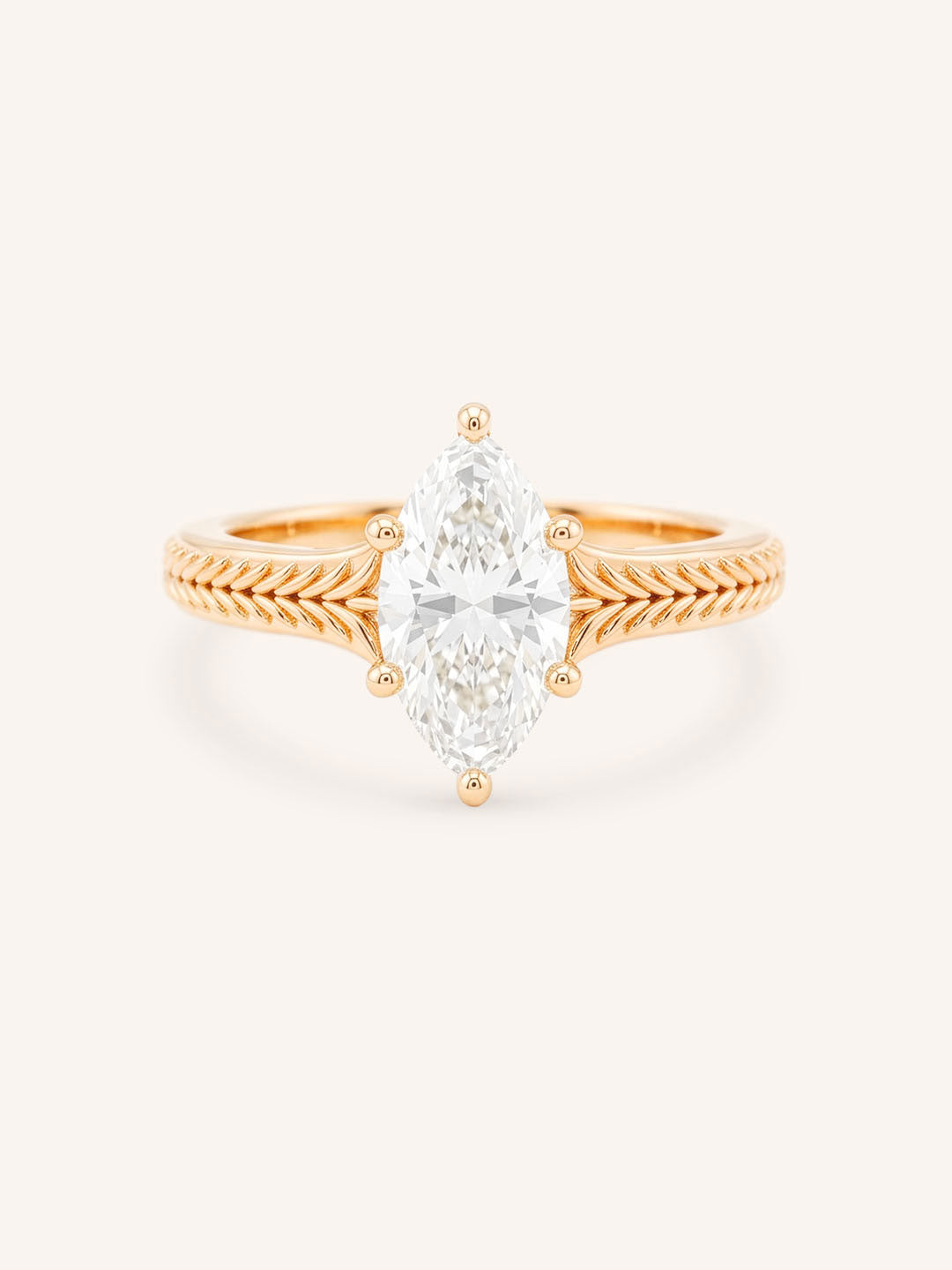 Rose gold Whera marquise diamond solitaire engagement ring front view on white background