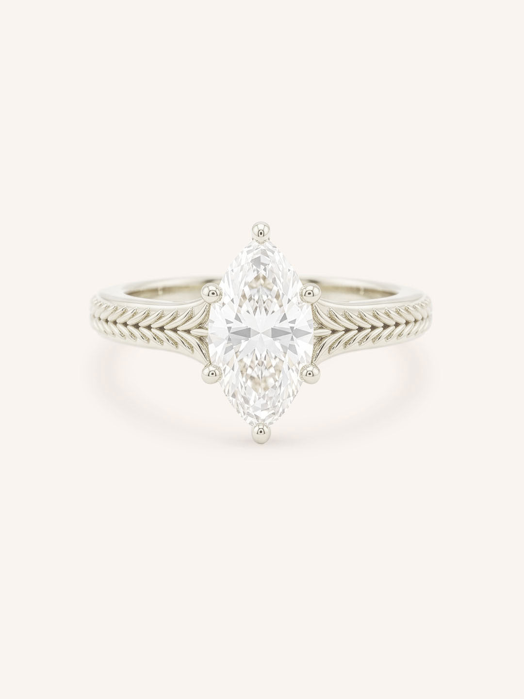 White gold Whera marquise diamond solitaire engagement ring front view on white background