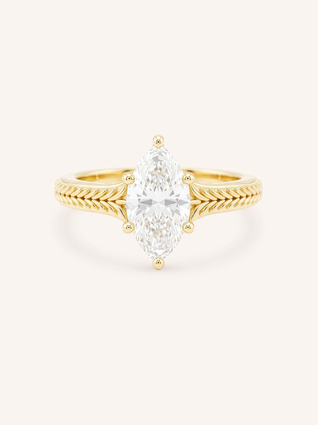 Yellow gold Whera marquise diamond solitaire engagement ring front view on white background