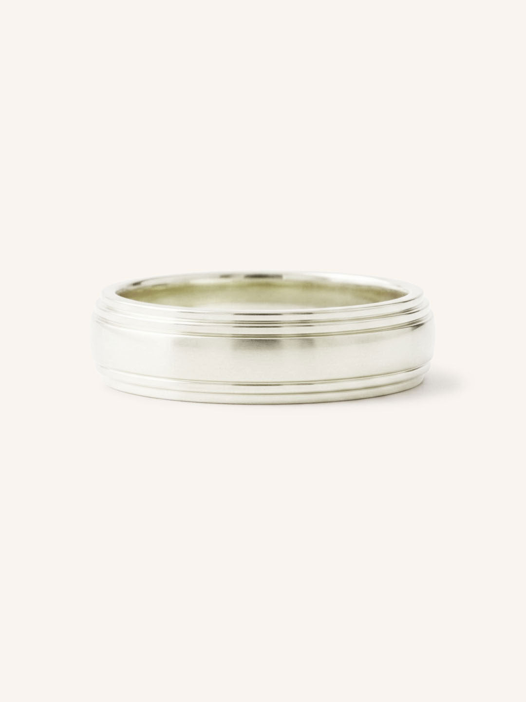 White gold double stepped edge 5mm wedding band front view on white background
