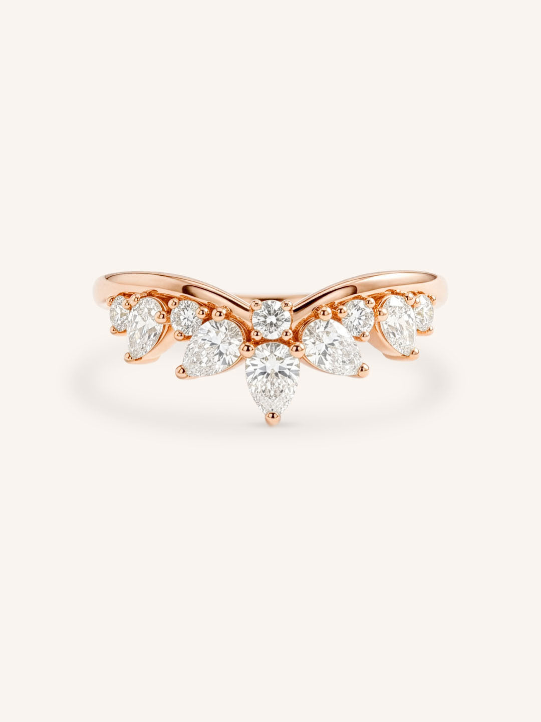 Rose gold Shinoa curved diamond wedding band front view on white background