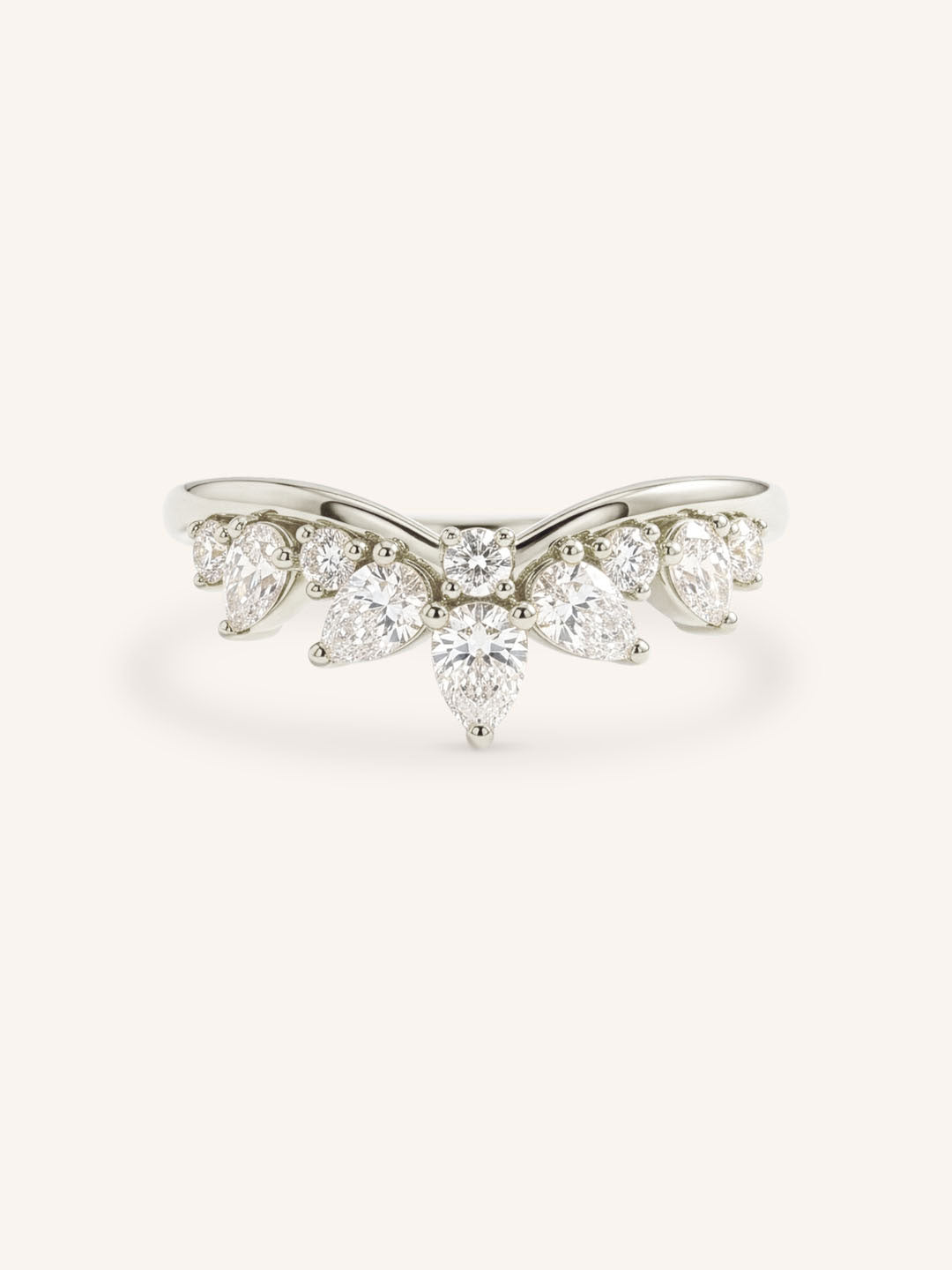 White gold Shinoa curved diamond wedding band front view on white background