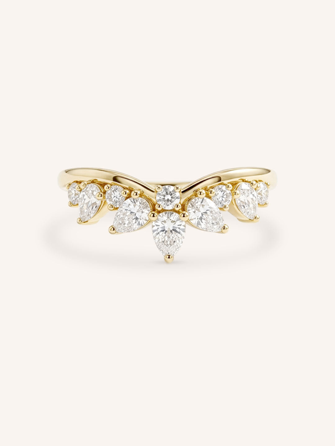 Yellow gold Shinoa curved diamond wedding band front view on white background