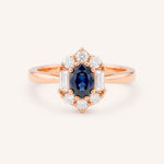 Rose Gold Wyona Oval Blue Sapphire Halo Style Ring front view on white background