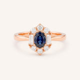 Rose Gold Wyona Oval Blue Sapphire Halo Style Ring front view on white background