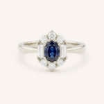 White Gold Wyona Oval Blue Sapphire Halo Style Ring front view on white background