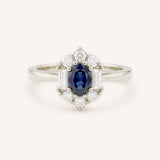 White Gold Wyona Oval Blue Sapphire Halo Style Ring front view on white background