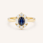 Yellow Gold Wyona Oval Blue Sapphire Halo Style Ring front view on white background