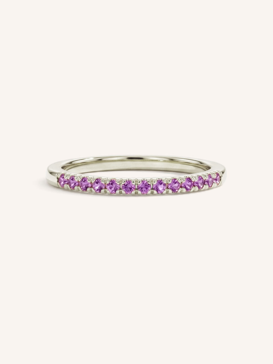 White Gold Amethyst Birthstone Stackable Ring front view on white background