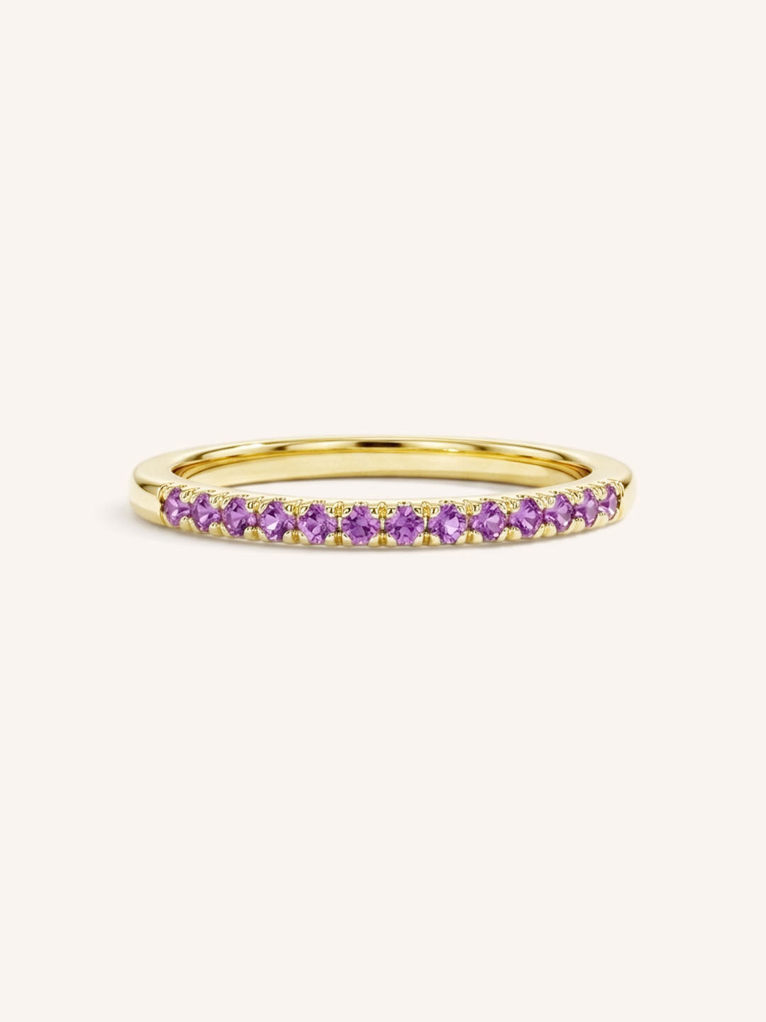 Yellow Gold Amethyst Birthstone Stackable Ring front view on white background