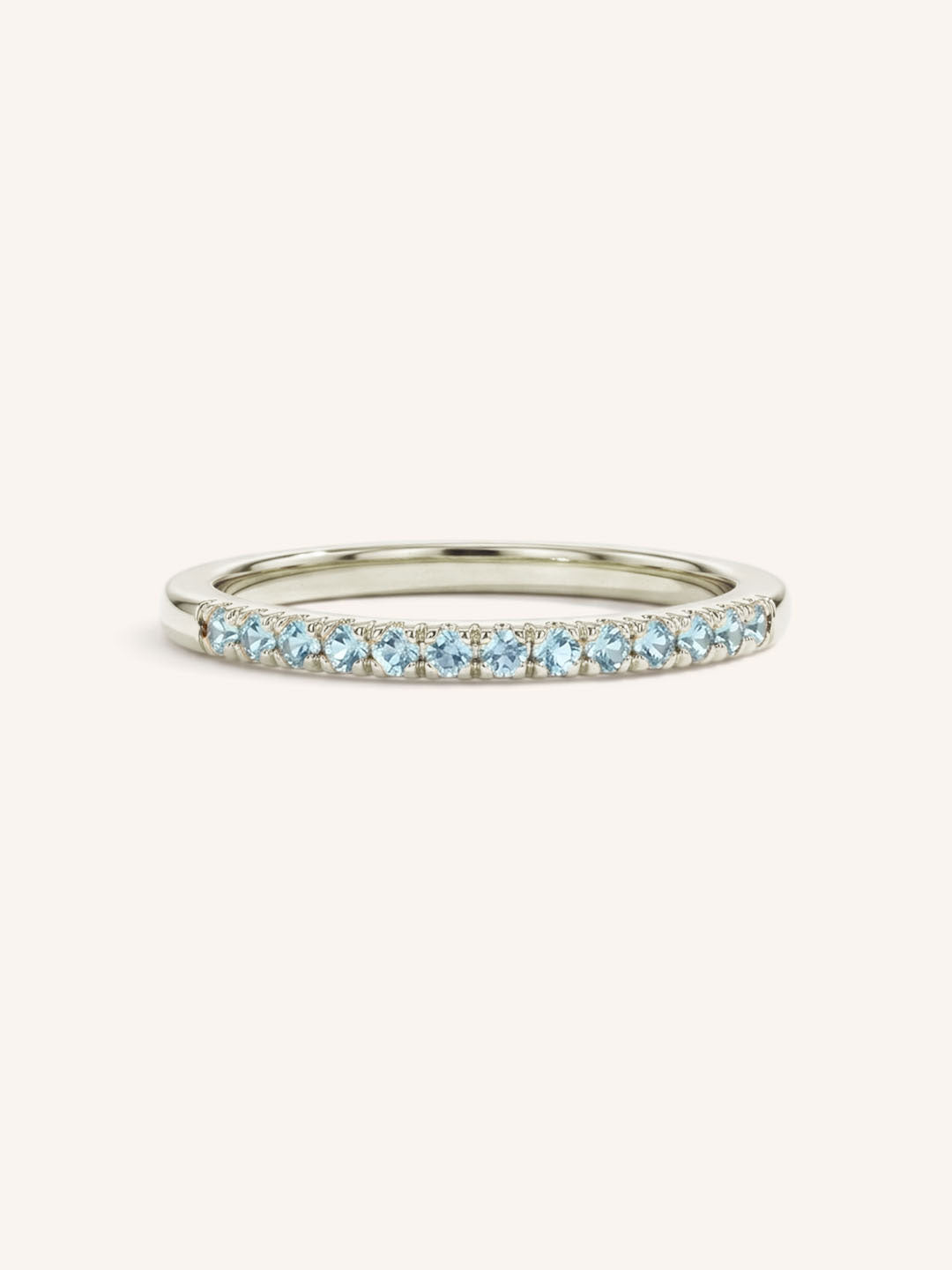 White Gold Aquamarine Birthstone Stackable Ring front view on white background