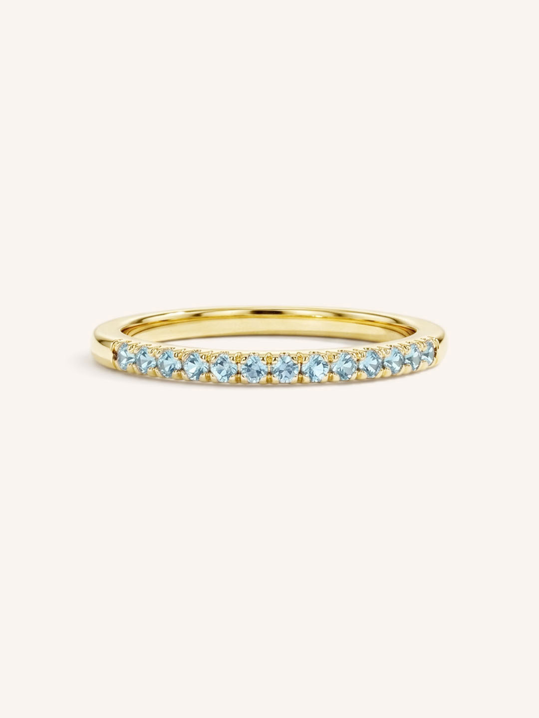 Yellow Gold Aquamarine Birthstone Stackable Ring front view on white background