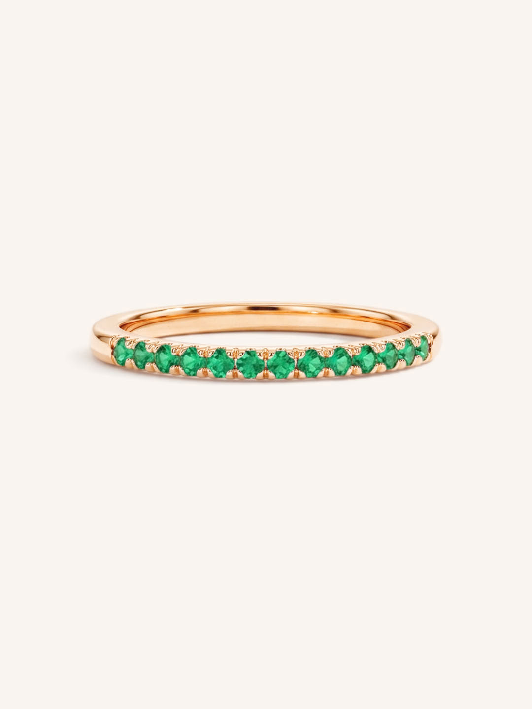 Rose Gold Emerald Birthstone Stackable Ring front view on white background