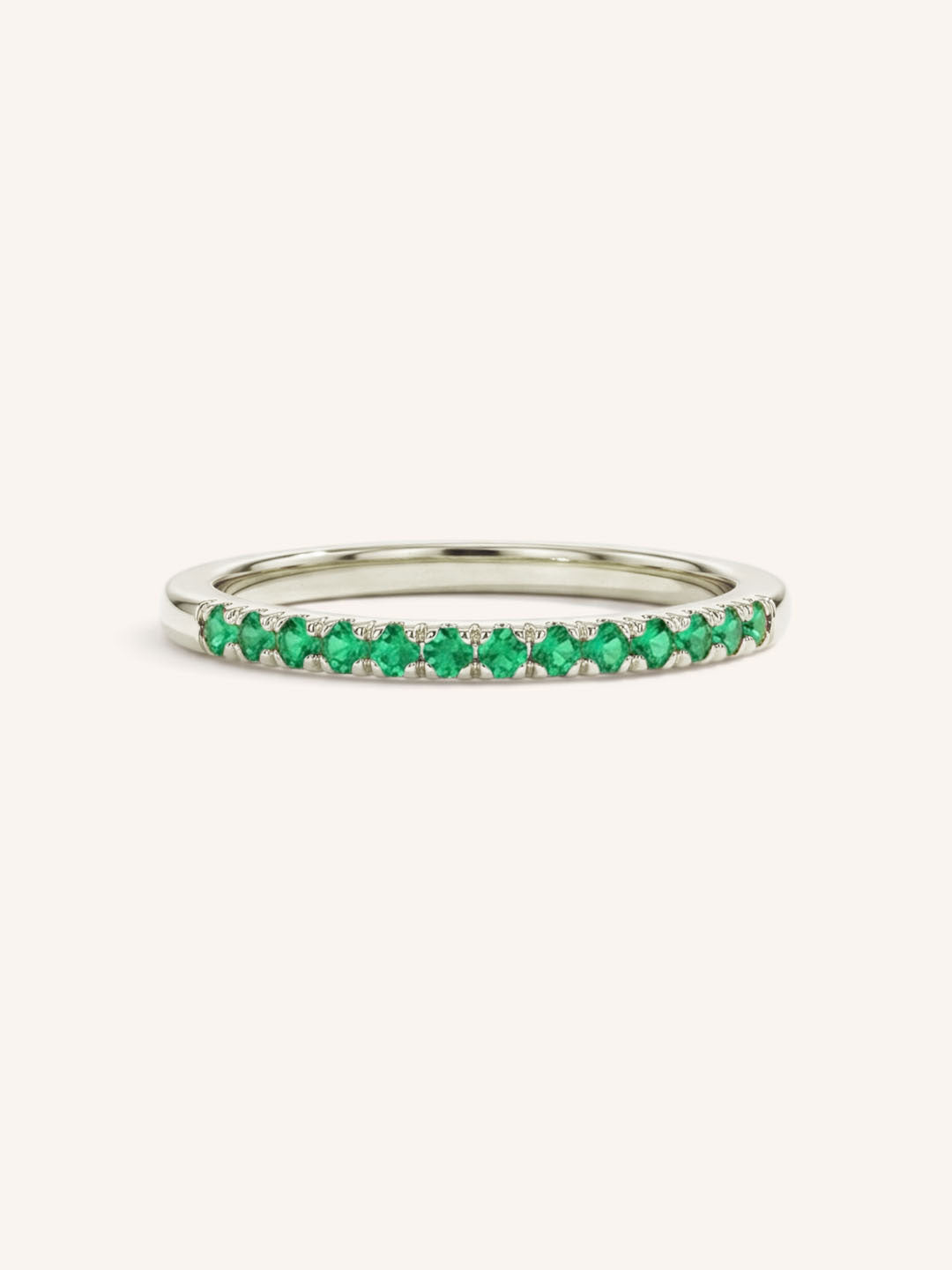 White Gold Emerald Birthstone Stackable Ring front view on white background