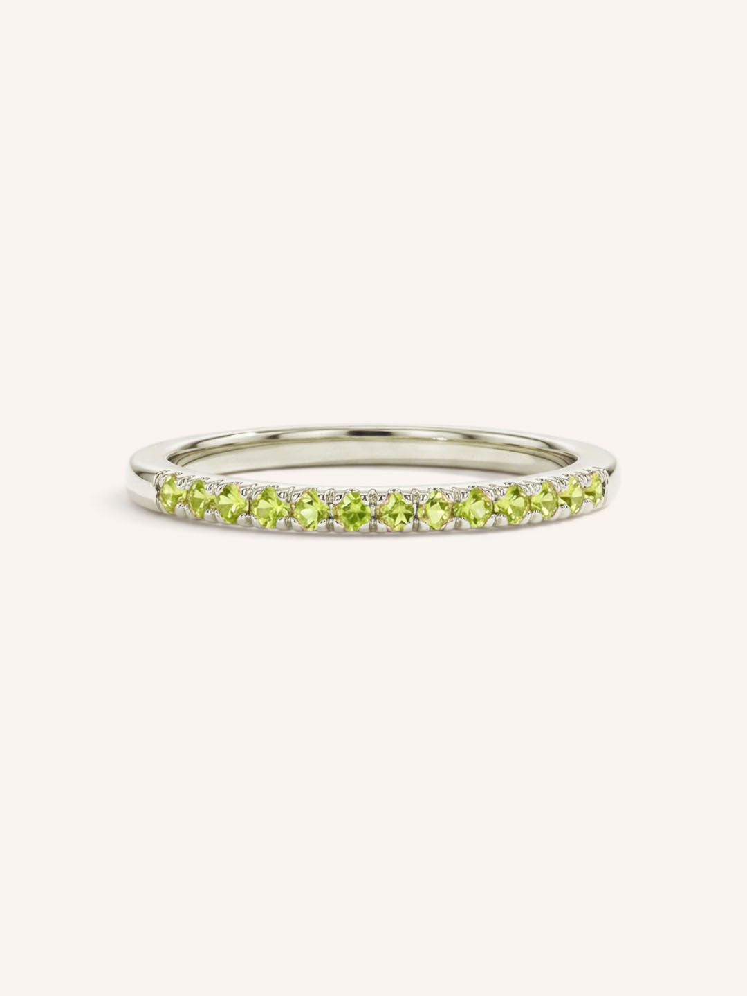 White Gold Peridot Birthstone Stackable Ring front view on white background