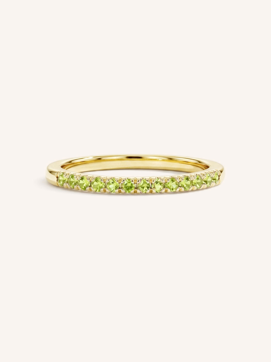 Yellow Gold Peridot Birthstone Stackable Ring front view on white background