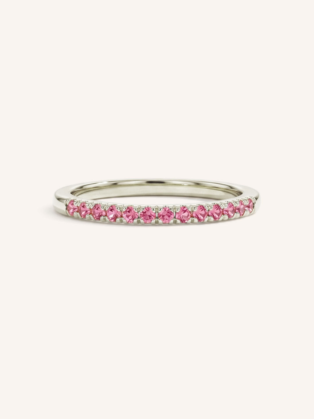 White Gold Pink Tourmaline Birthstone Stackable Ring front view on white background
