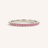White Gold Pink Tourmaline Birthstone Stackable Ring front view on white background