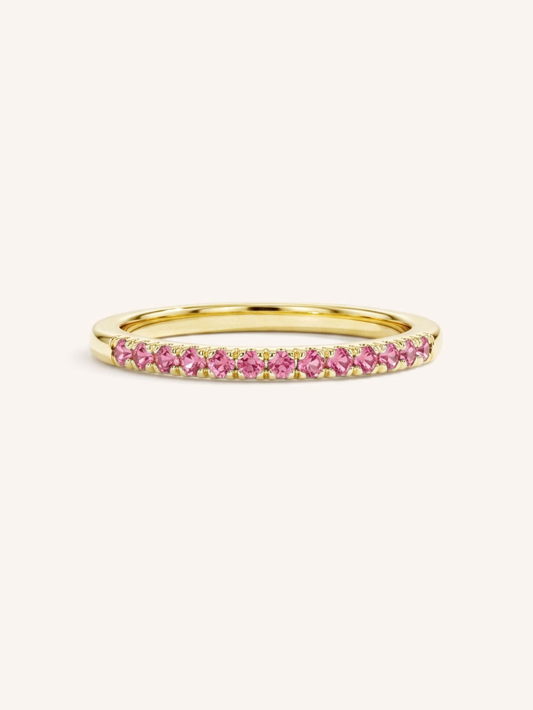 Yellow Gold Pink Tourmaline Birthstone Stackable Ring front view on white background