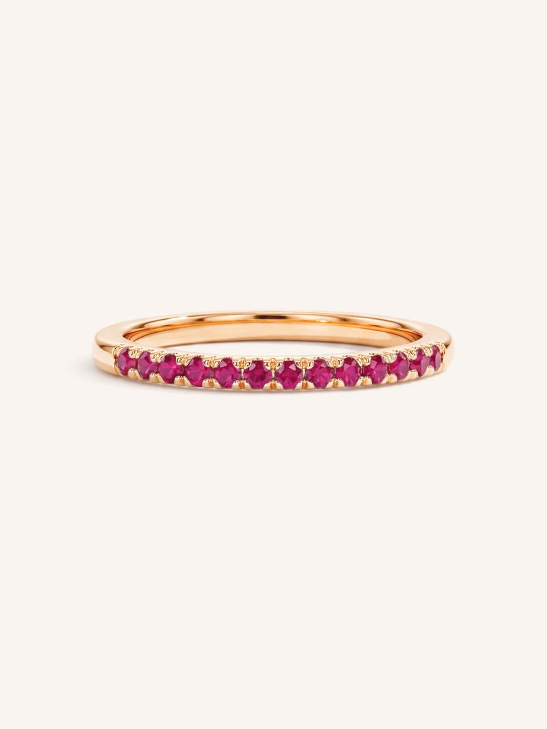 Rose Gold Ruby Birthstone Stackable Ring front view on white background