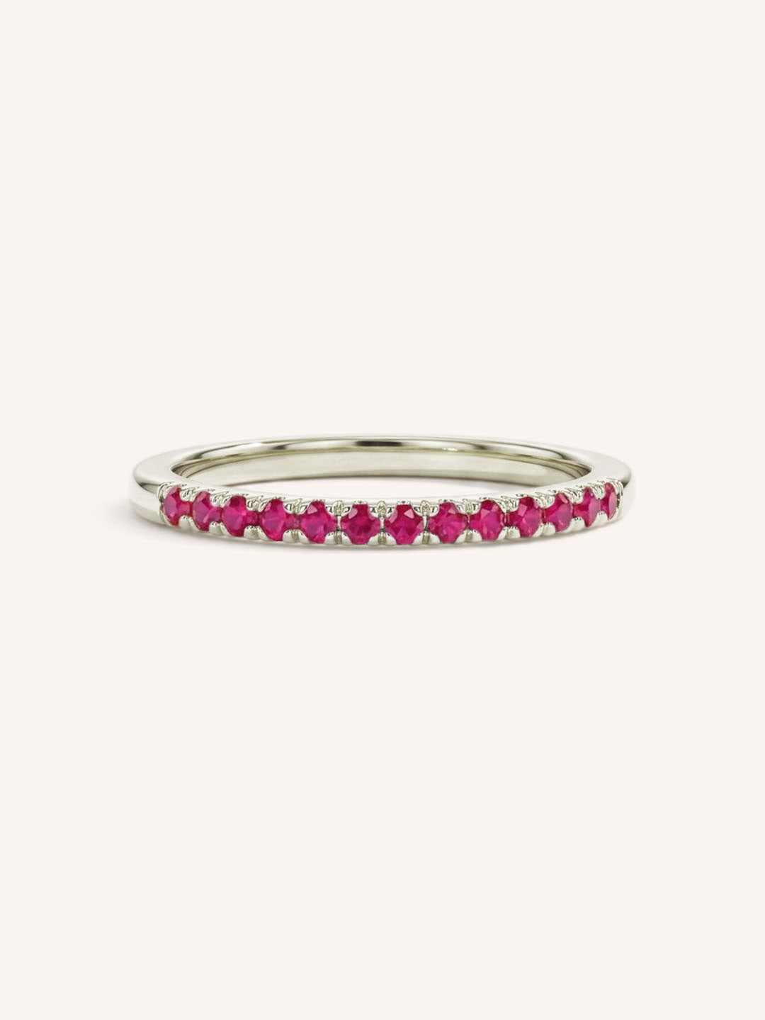 White Gold Ruby Birthstone Stackable Ring front view on white background