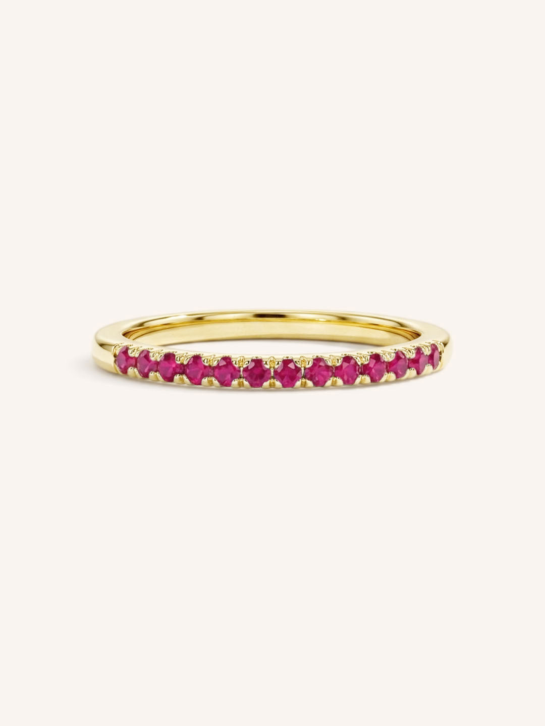 Yellow Gold Ruby Birthstone Stackable Ring front view on white background