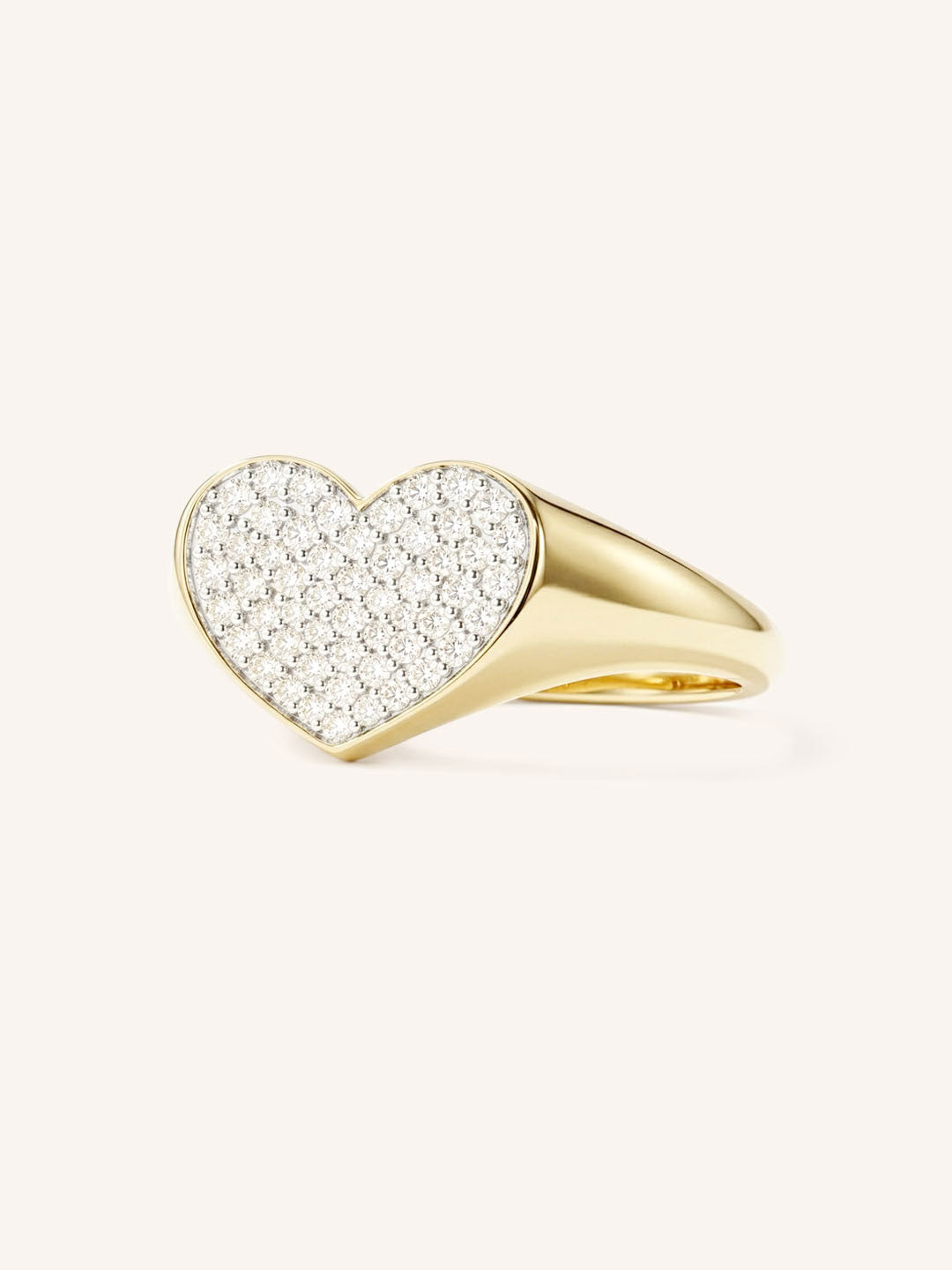 Yellow Gold Pave Diamond Heart Signet Ring side view on white background