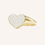 Yellow Gold Pave Diamond Heart Signet Ring side view on white background