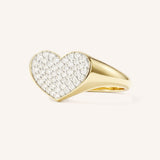Yellow Gold Pave Diamond Heart Signet Ring side view on white background