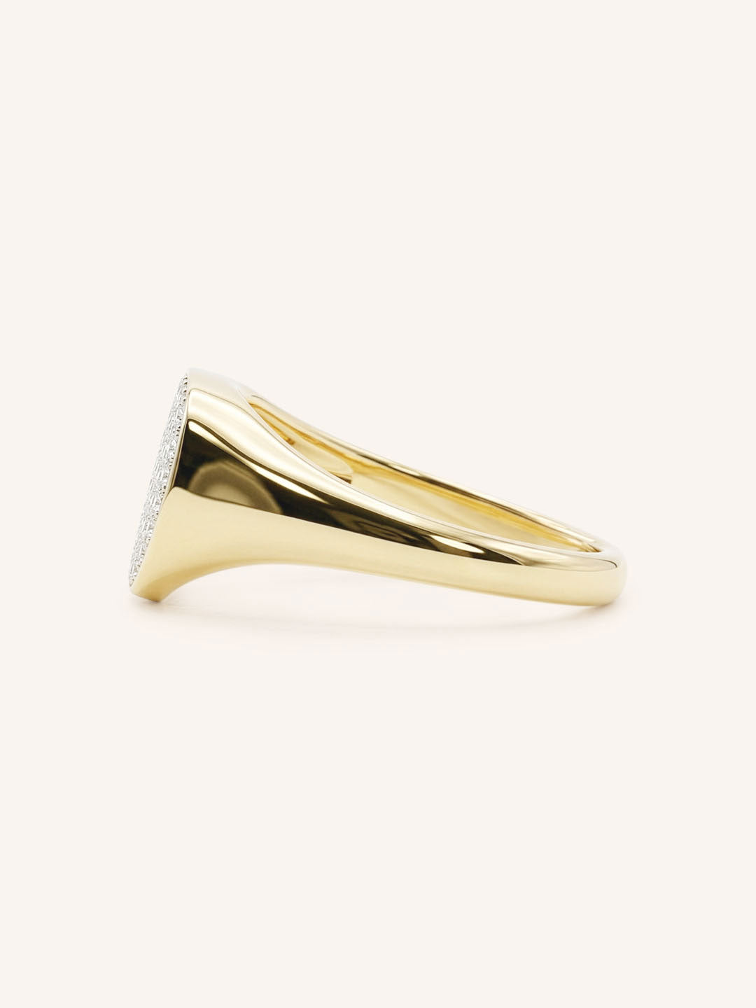 Yellow Gold Pave Diamond Heart Signet Ring side view on white background