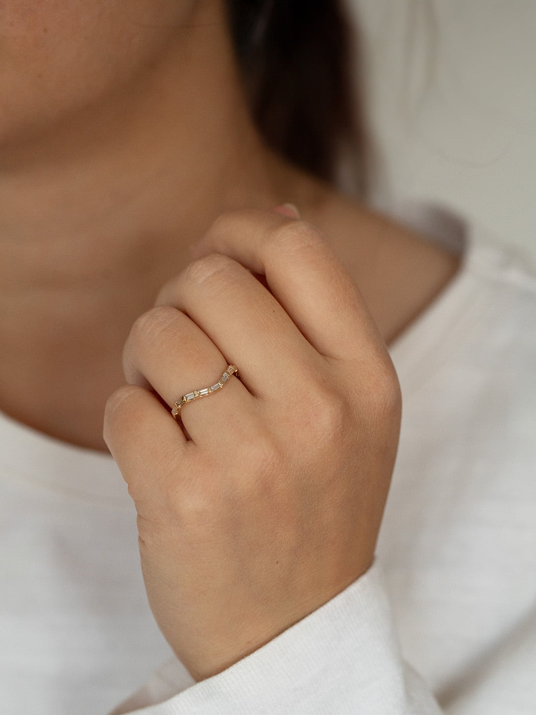 Dayton Curved Diamond Baguette Wedding Ring lifestyle photo worn on hand